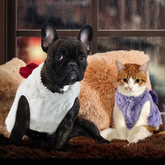 Small Dog Sweaters Dress for Dogs Girl,Faux Fur Cat Coat with Snap-on Closure fo - Picture 6 of 7